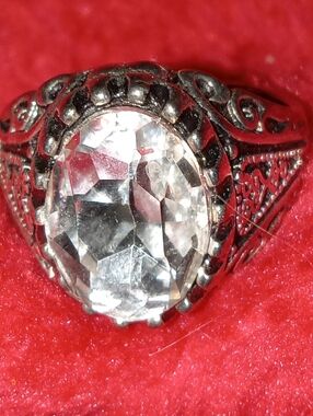 BIG "DIAMOND" Look Silver Plated Goth  Glass Ring Size 10